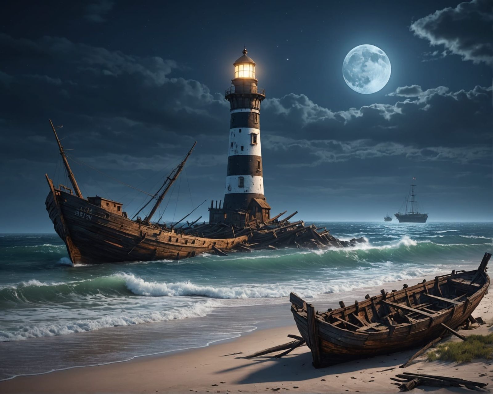 Moonlit Shipwreck on Beach in Oil Painting Style