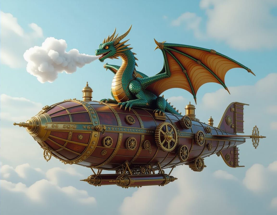 Mechanical Dragon on Steampunk Airship in Photorealistic Sty...