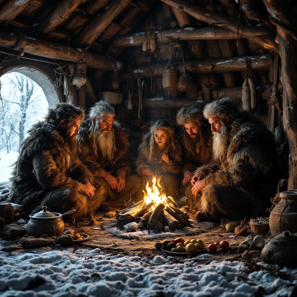 Vikings Huddle Around Fire in Blizzard