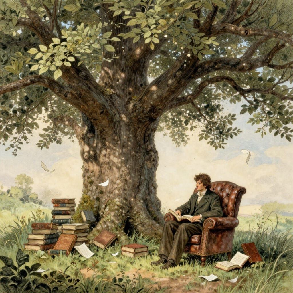 Solitary Reader Under Ancient Tree in Whimsical Illustration...