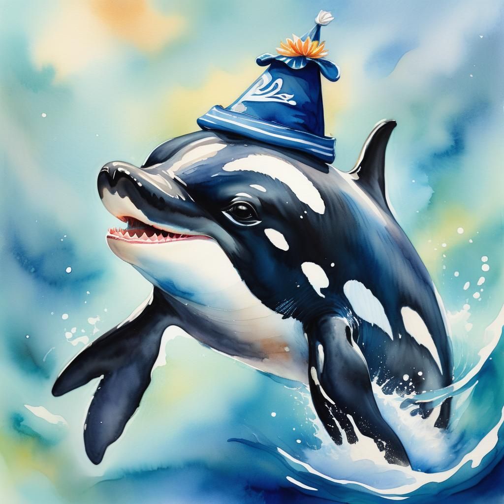 Whimsical Orca Whale in Sailor Hat, Watercolor Gouache