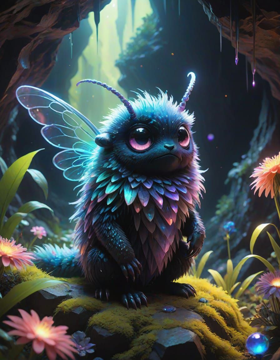 Ethereal, Iridescent Critter on Neon Plants in Crystal Cave