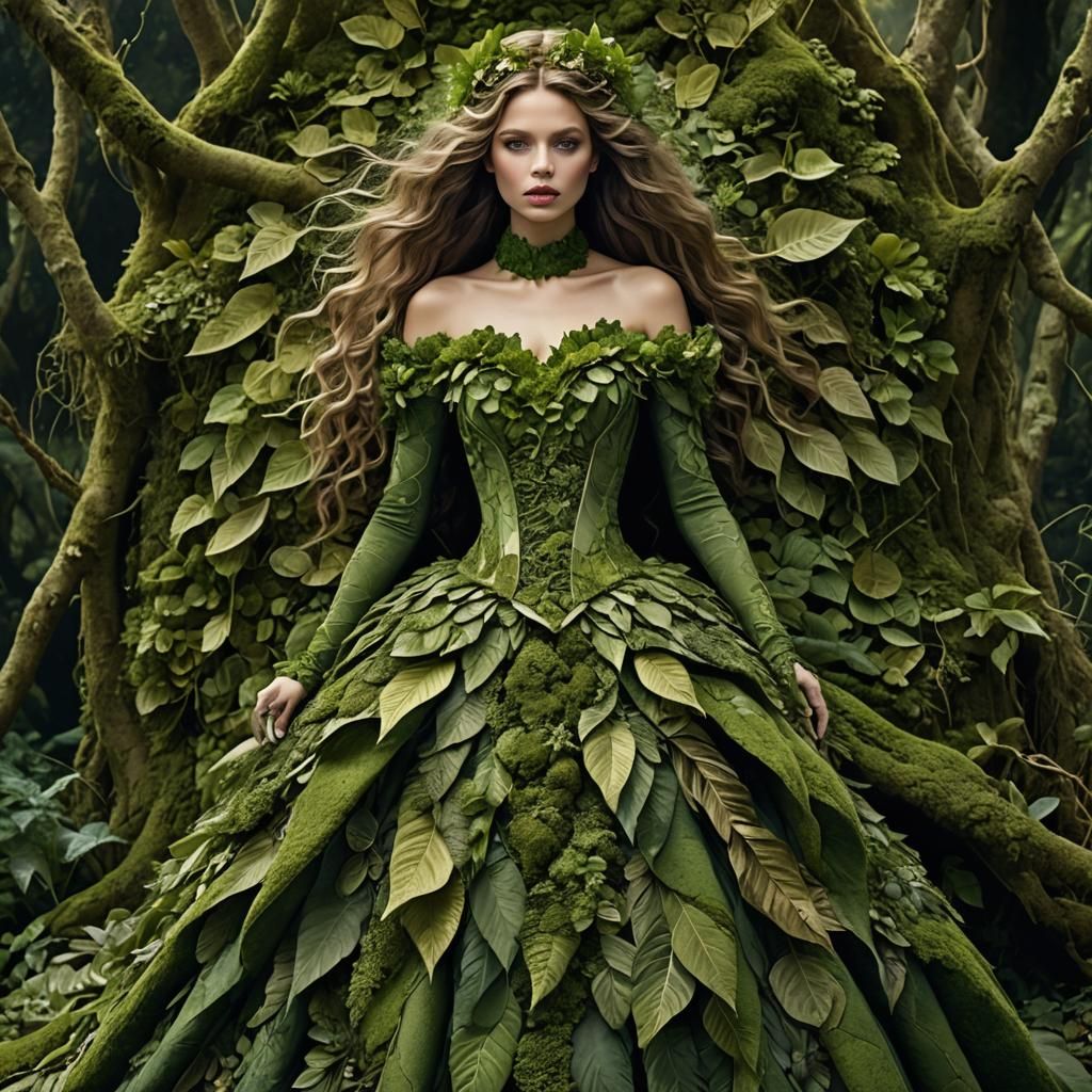 Woman Adorned in Leaves and Moss in Verdant Forest