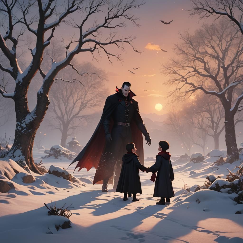 Dracula and Son Play in Snowy Anime Landscape