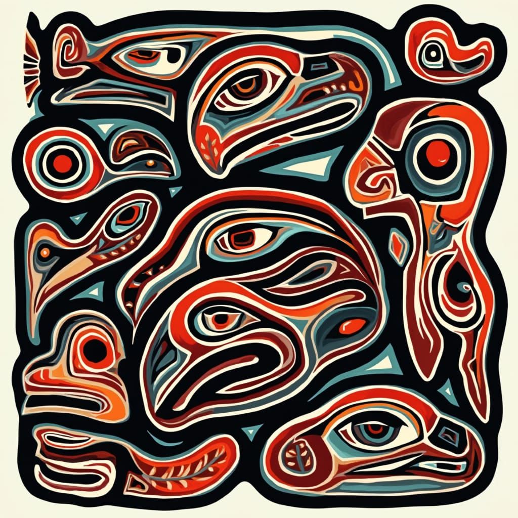Bold Haida-Inspired Formline Art with Vibrant Wildlife Motif...
