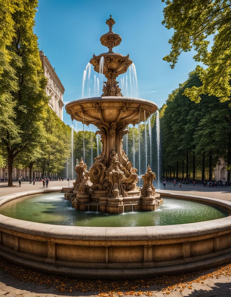 Detailed Baroque Fountain in Park Setting
