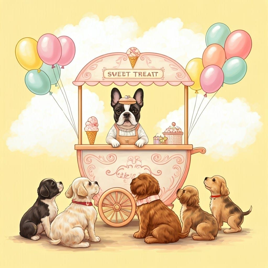French Bulldog Sells Sweet Treats to Happy Puppies in Whimsi...