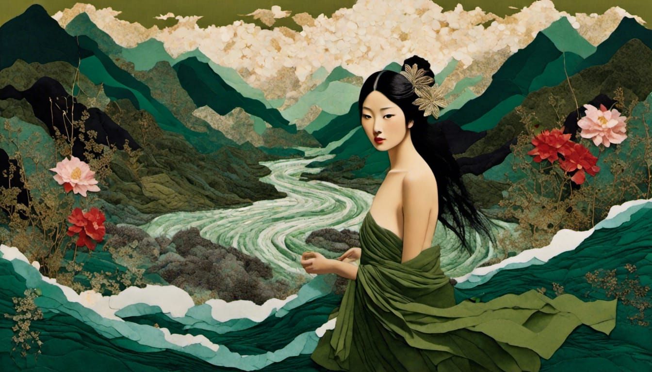 Collage of Nude Woman in River with Asian Flowers