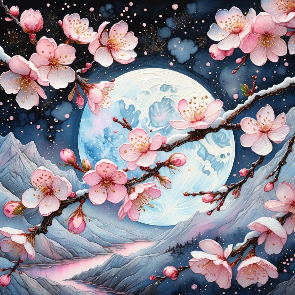 Sakura Branch in Moonlight: Dreamy Watercolor Illustration