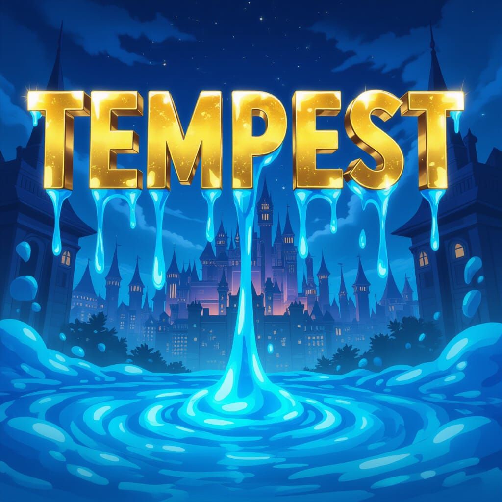 Gold Letters Drip on Blue Slime, Tempest City Background