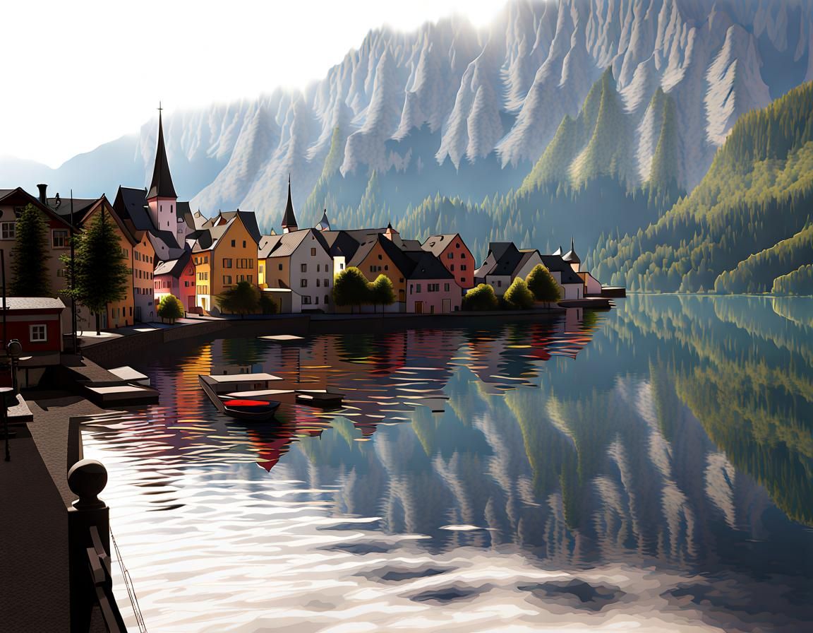 Detailed Line Drawing of Hallstatt, Austria