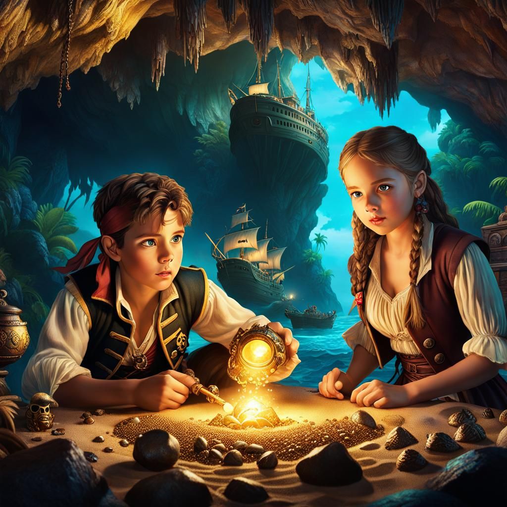 Children Discover Pirate Treasure in Hyperrealistic Style