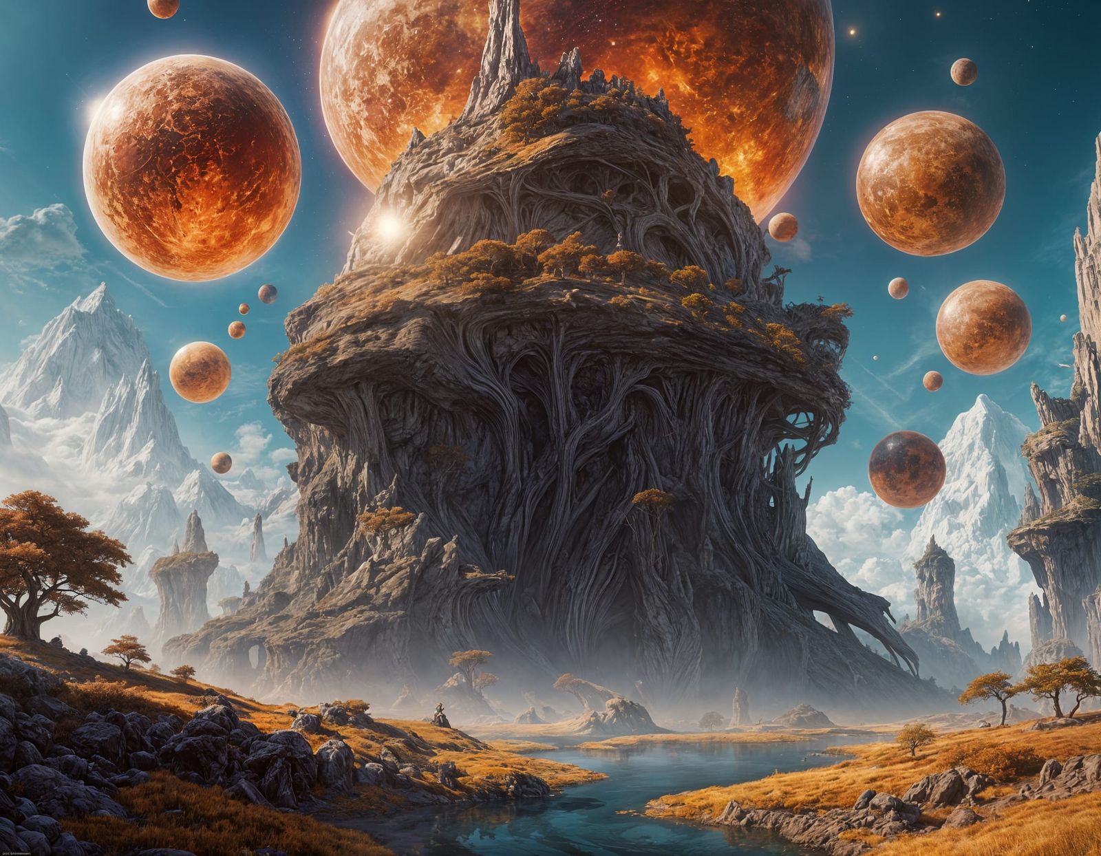 Surreal Oil Painting of Alien World with Eyeball Landscape a...
