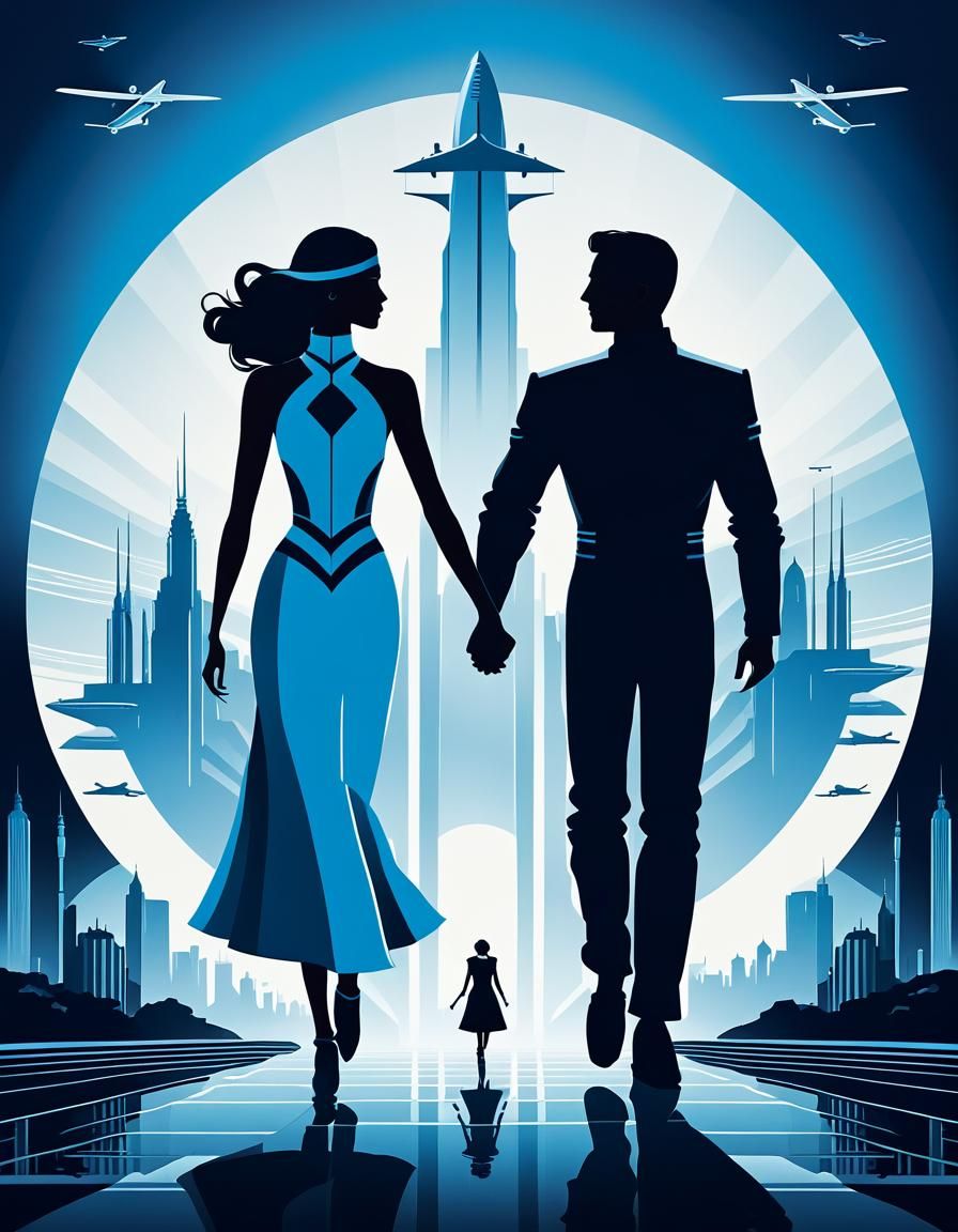 Futuristic Metropolis Silhouette Art Deco Poster