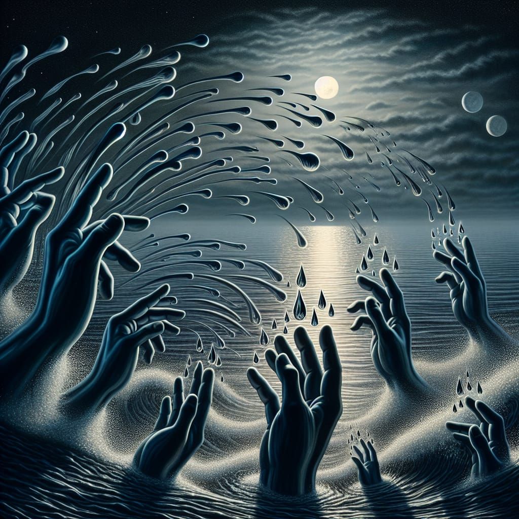 Anthropomorphic Teardrops Explode Over Moonlit Ocean