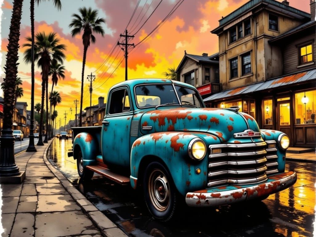 Vintage Blue Pickup Truck in Sunset Cityscape