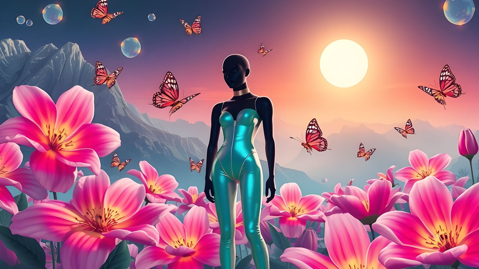 Vaporwave Dreamscape with Neon Flowers and Butterflies