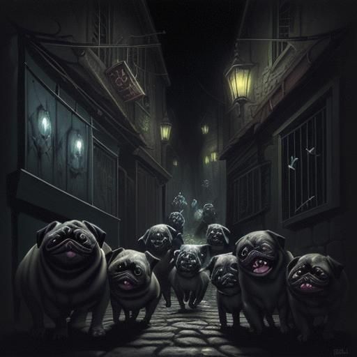 Ominous Alleyway Scene with Grinning Pugs and Lovecraftian H...