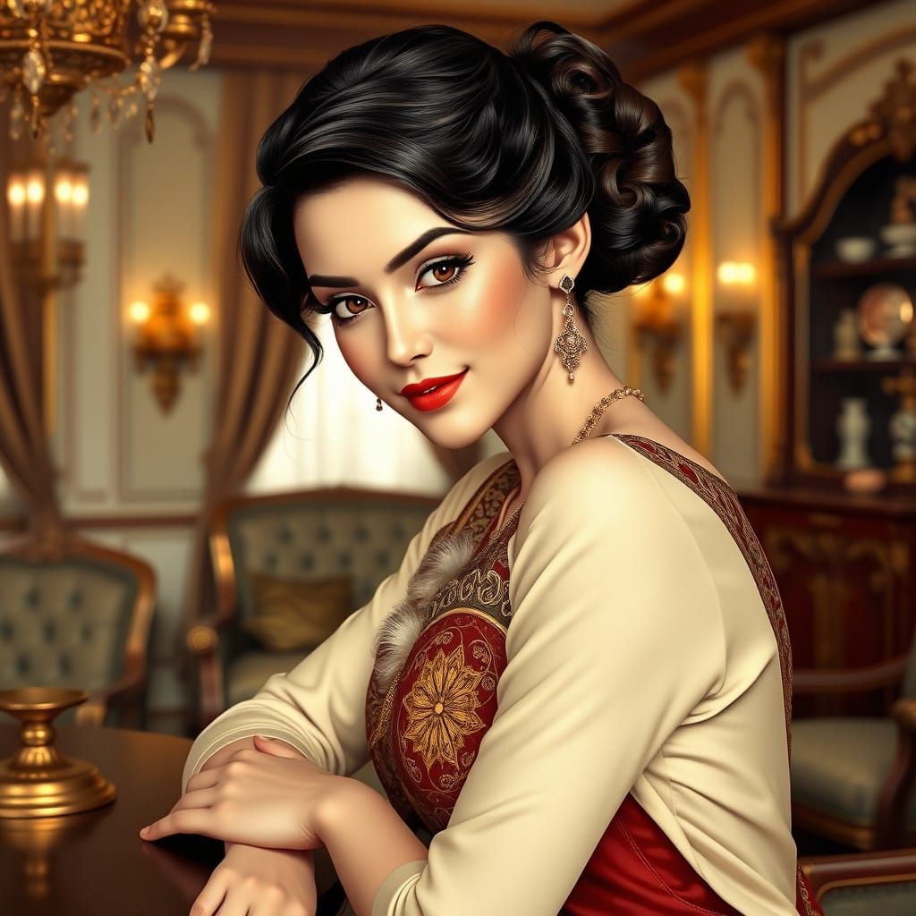 Elegant Woman with Shy Smile in Art Nouveau Style
