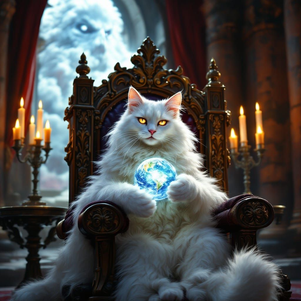Regal White Cat on Throne with Marble World