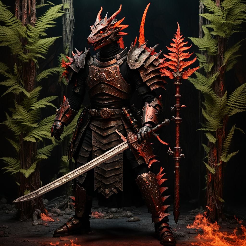 Steampunk Knight in Burnt Armor with Fire Saber