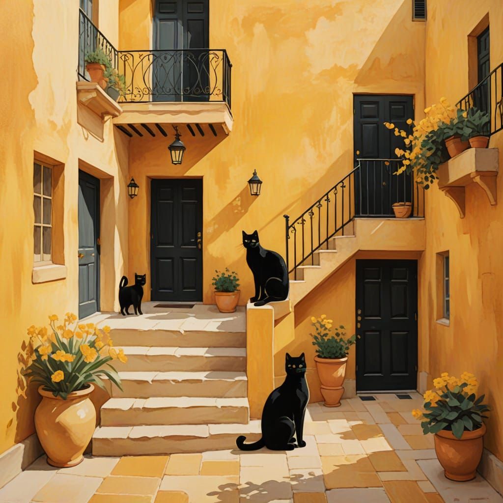 Cats in a Yellow Courtyard