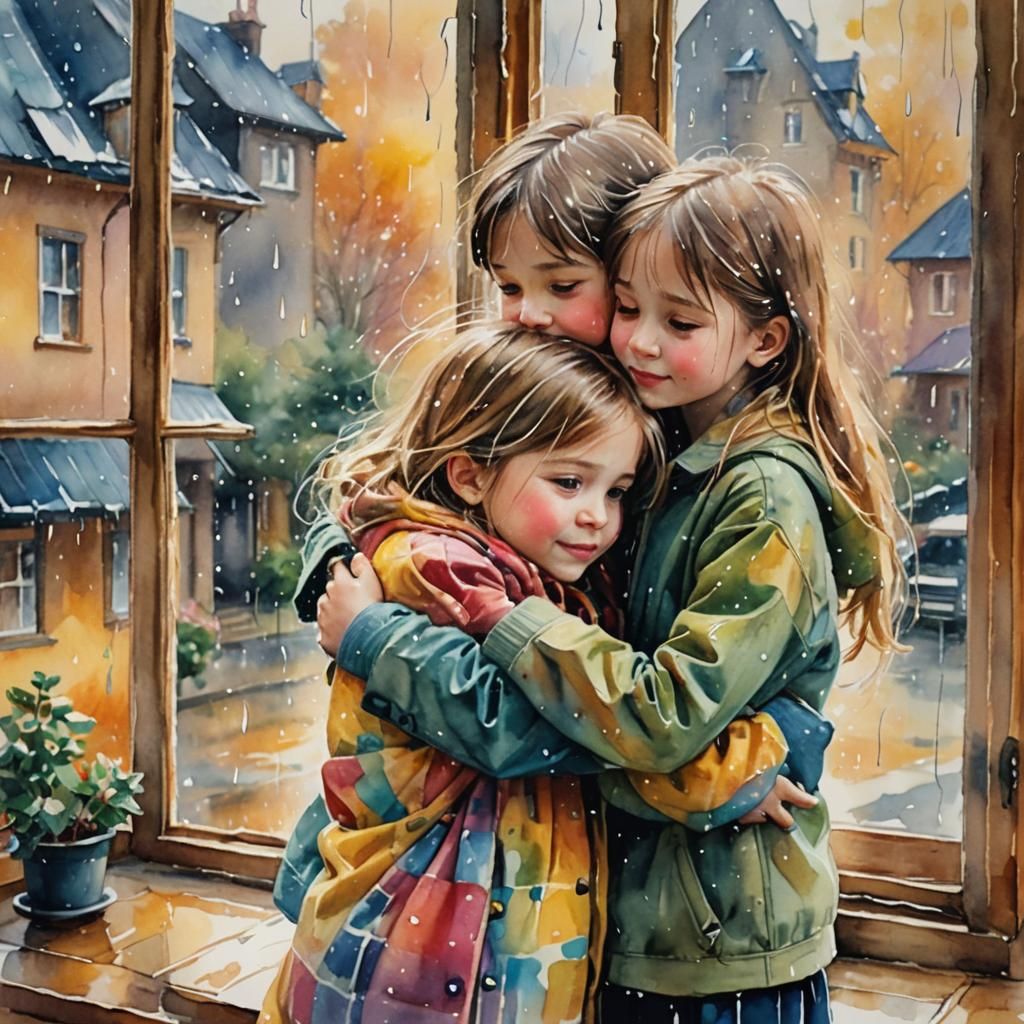 Cozy Watercolor: Siblings Embrace on Rainy Day