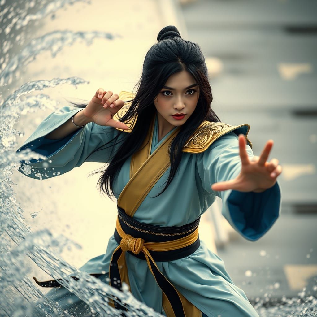Elegant Woman in Kimono, Karate Pose, Controlling Water
