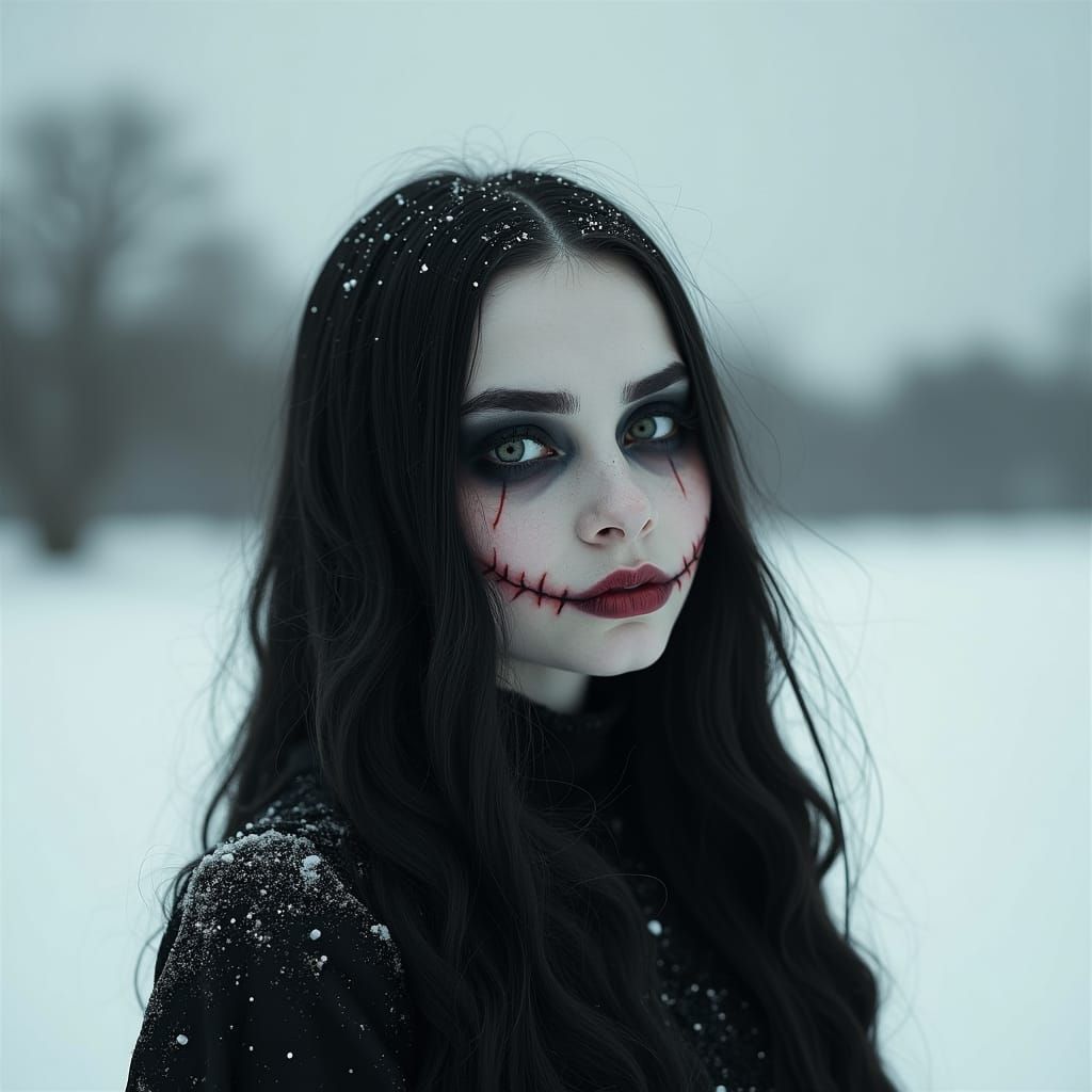 Gothic Alien Girl in Winter Landscape, Tim Burton Style