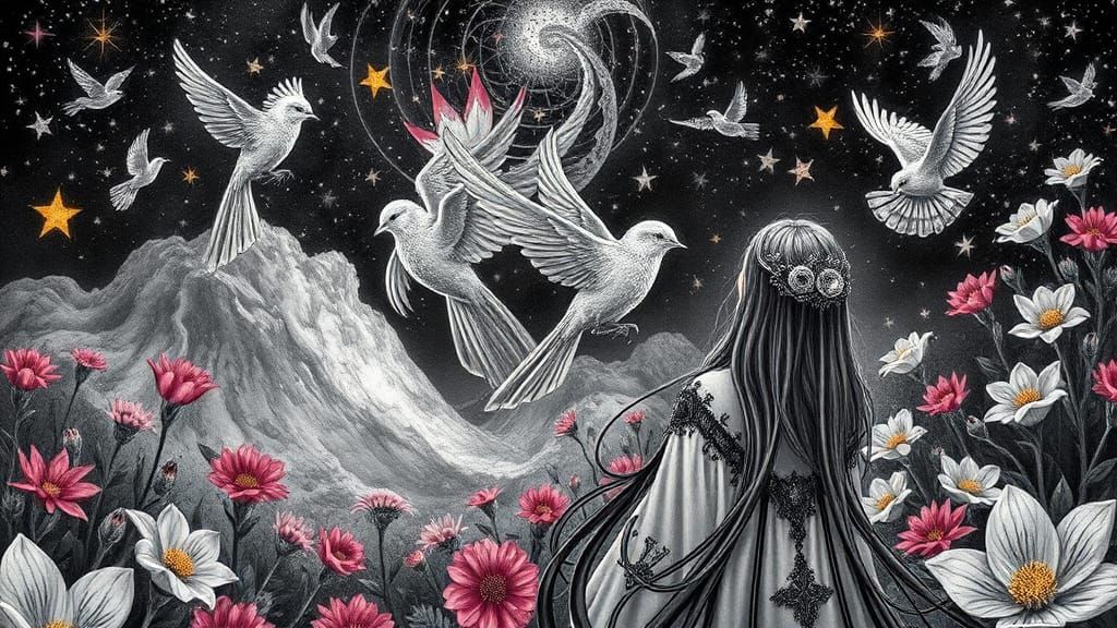 Fairytale Vector Art: Stars, Birds, and Flowers