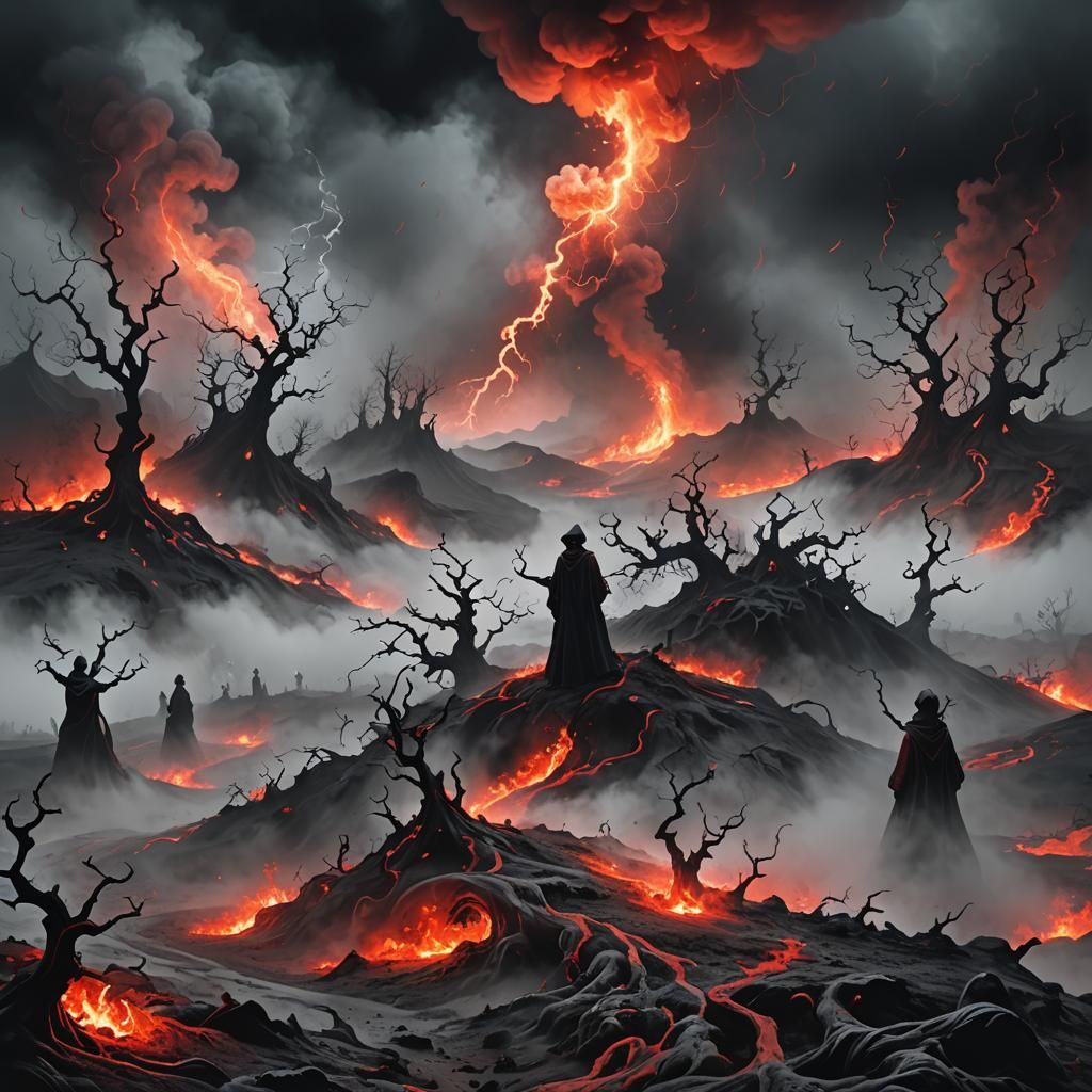 Surreal Horror Landscape with Fire and Twisted Figures