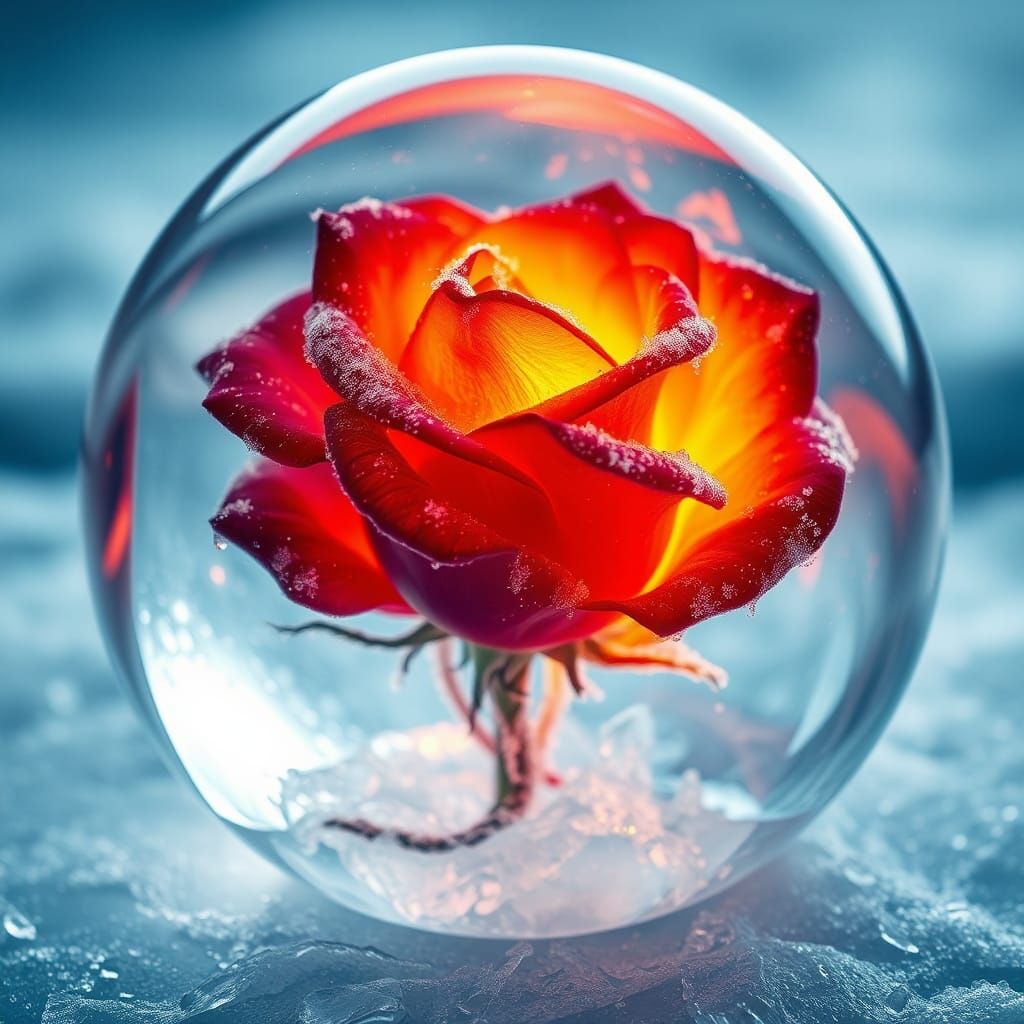 Fire and Ice Rose in Melting Ice Globe