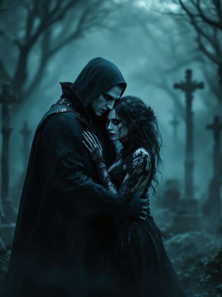 Ethereal Vampire Couple Embracing in Haunting Cemetery Scene