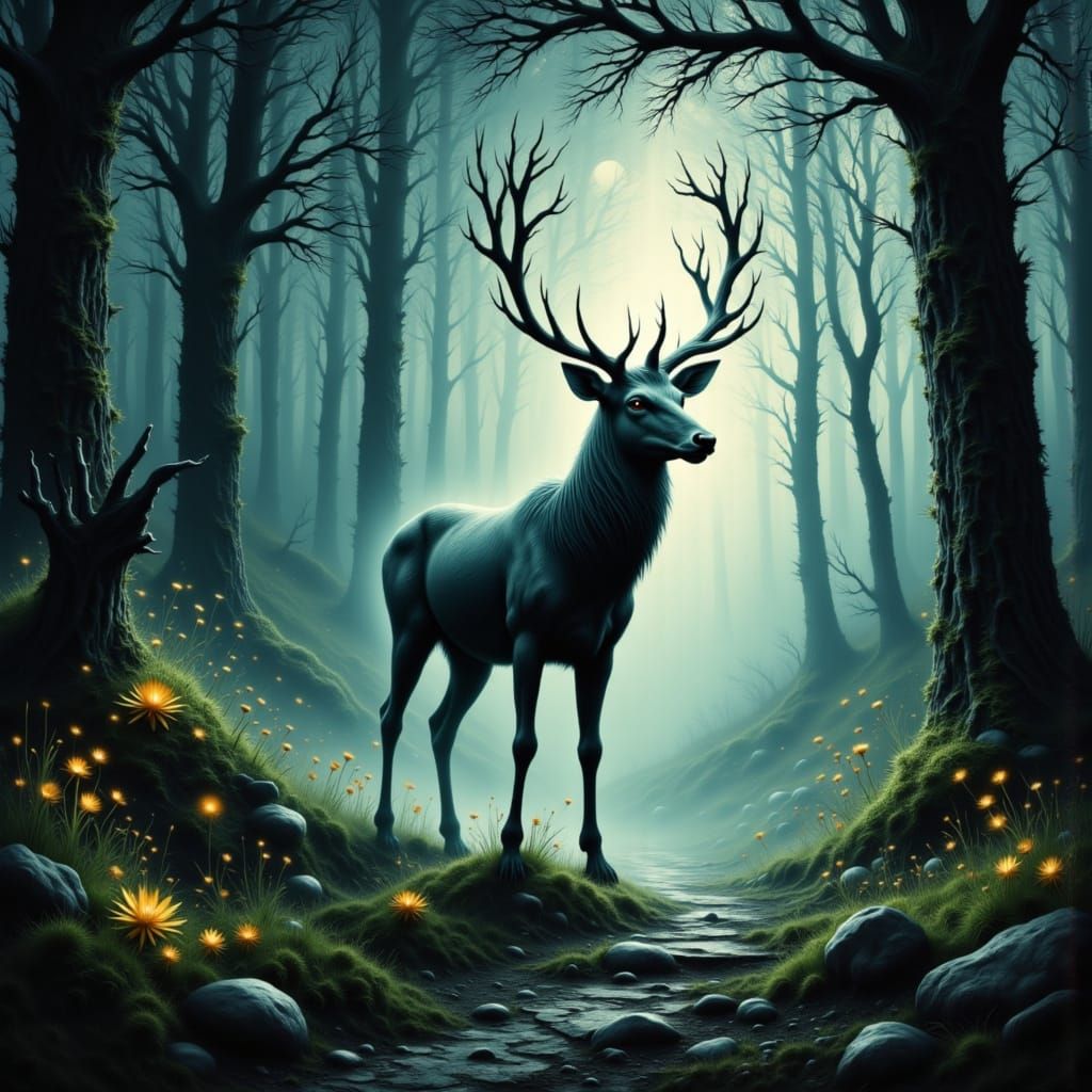 Majestic Stag in Mystical Forest with Glowing Runes