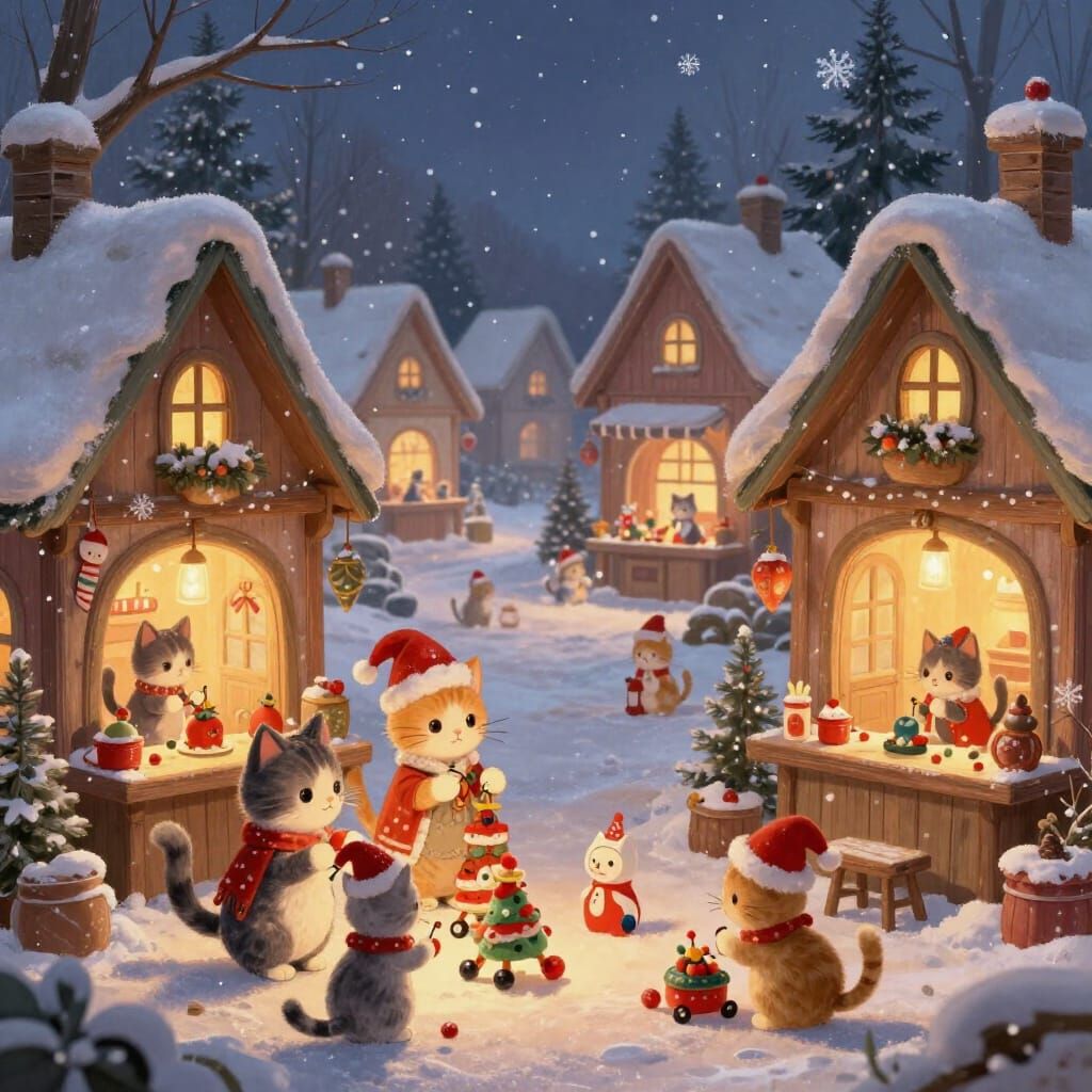 Whimsical Cats Crafting Toys in Snowy Village