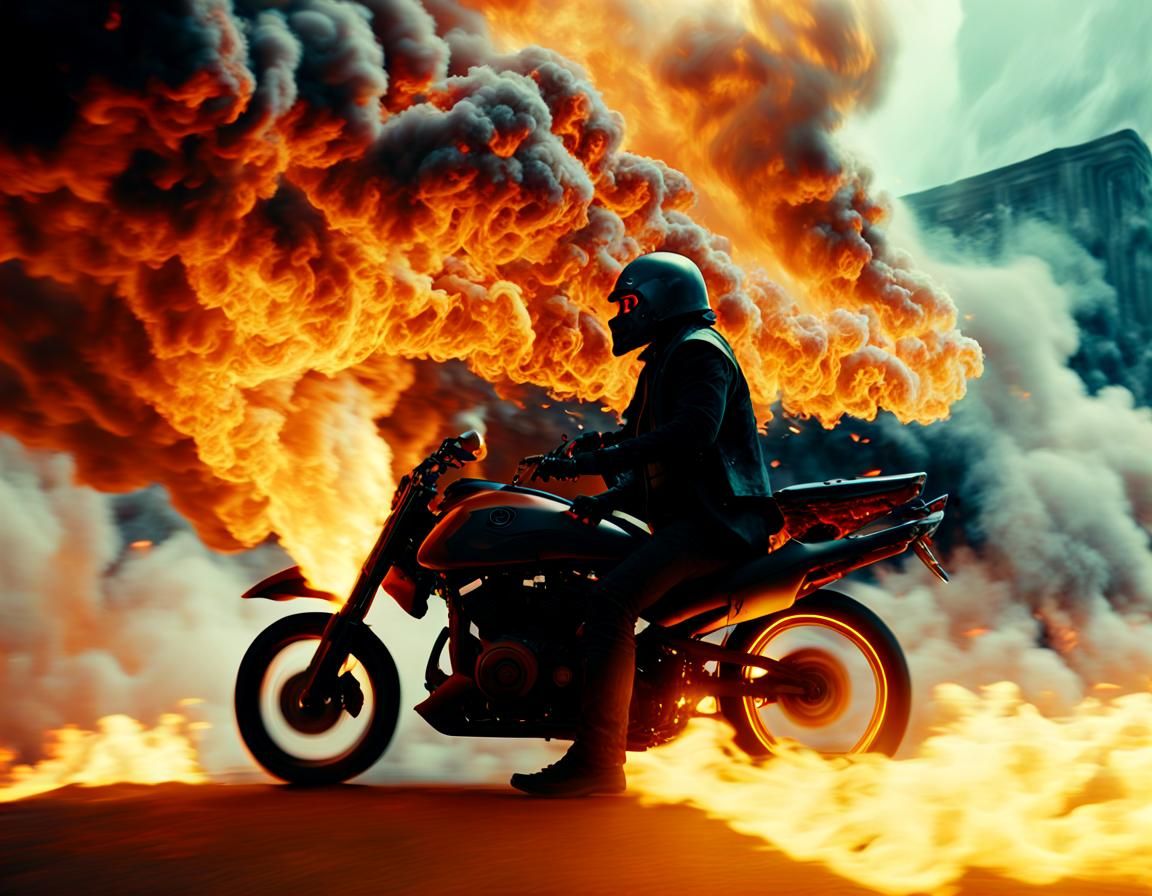Ethereal God Rides Flaming Motorcycle Through Hell