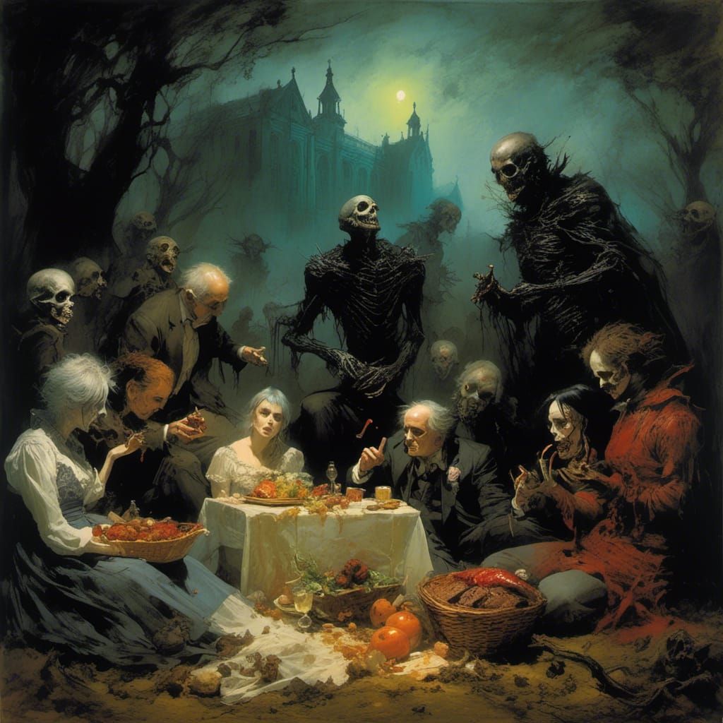 Disturbing Picnic with Friends in Psychedelic Horror Style