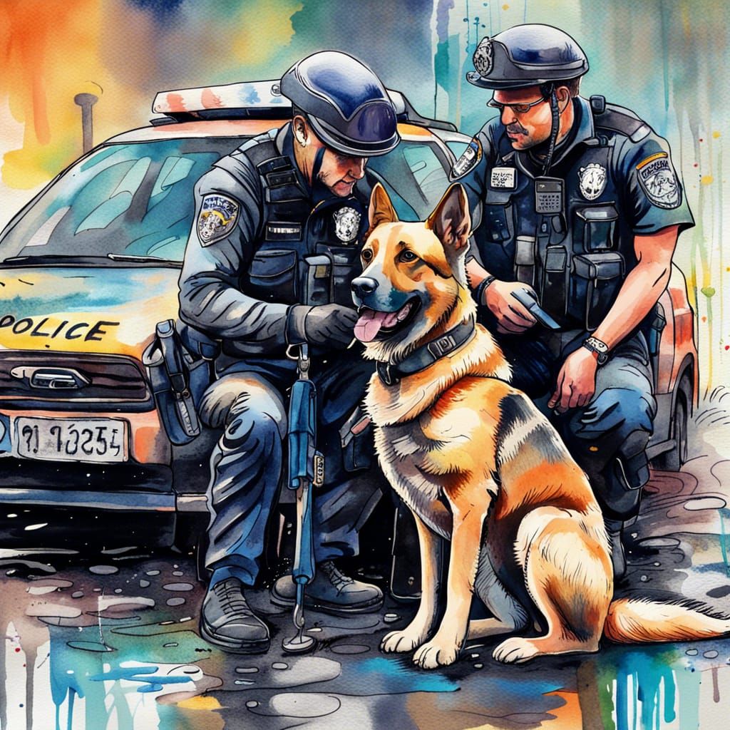 teamwork of The police officer and his duty dog, the dog assists the officer in searching vehicles, a watercolour illust...