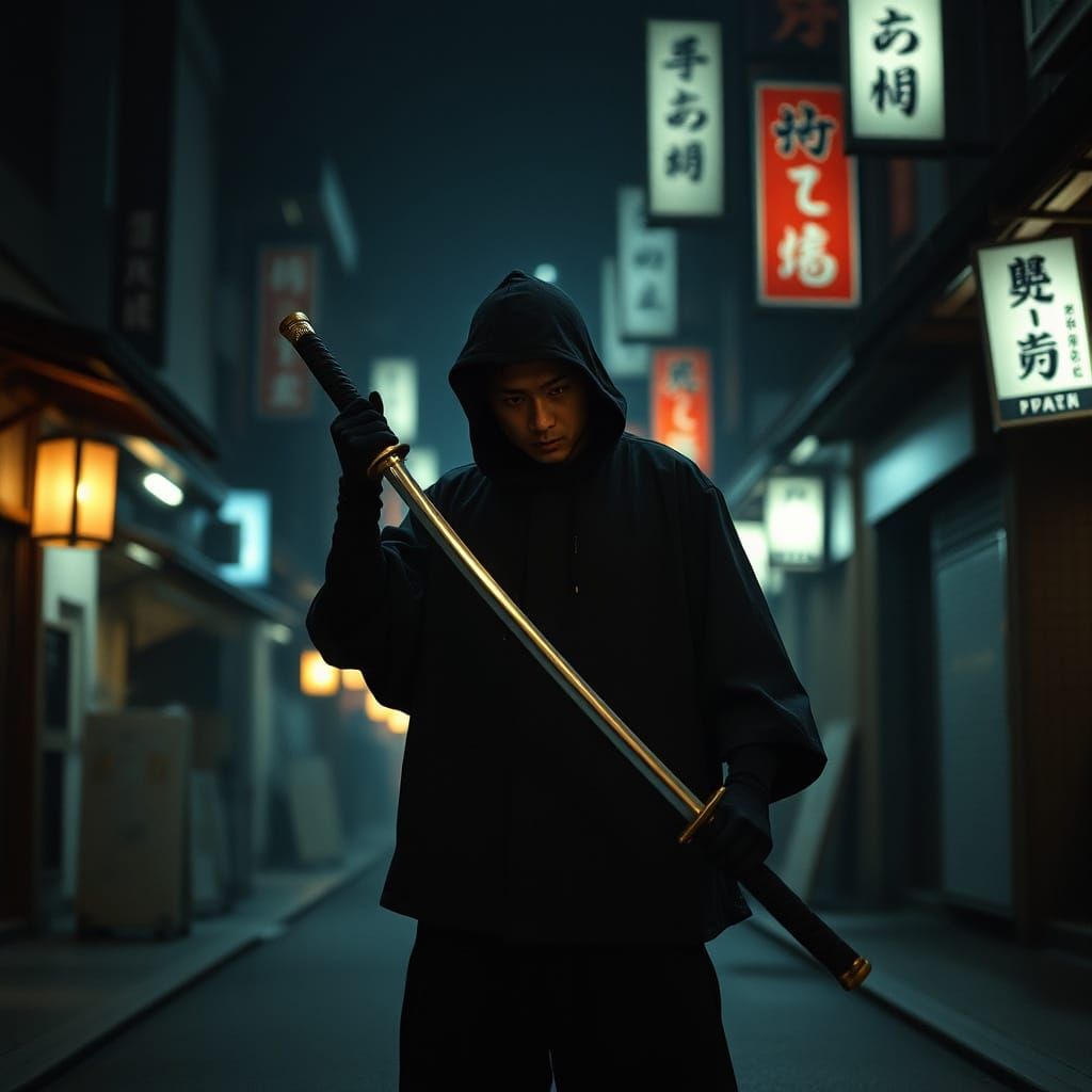 Japanese Warrior in Modern Street Attire, Samurai Sword at N...