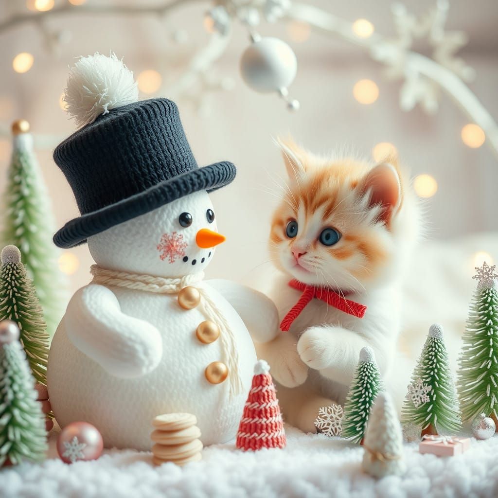 Whimsical New Year's Wonderland with Pastel Snowman and Kitt...
