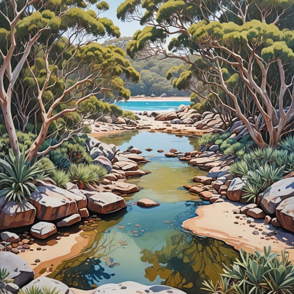 Detailed Gouache Painting of Beach Rock Pools