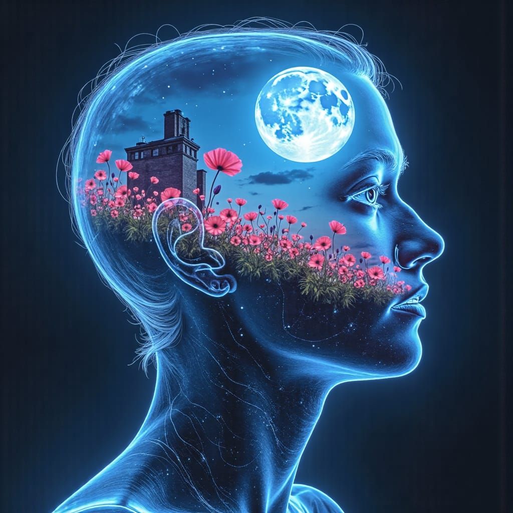 Neon Dreamscapes Within a Glowing Skull