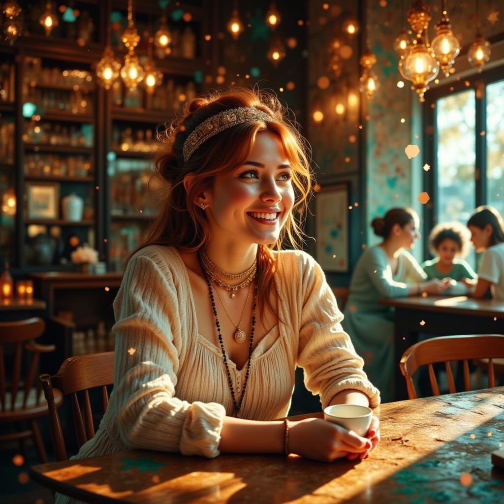 Young Woman in Cafe with Crystalline Shards
