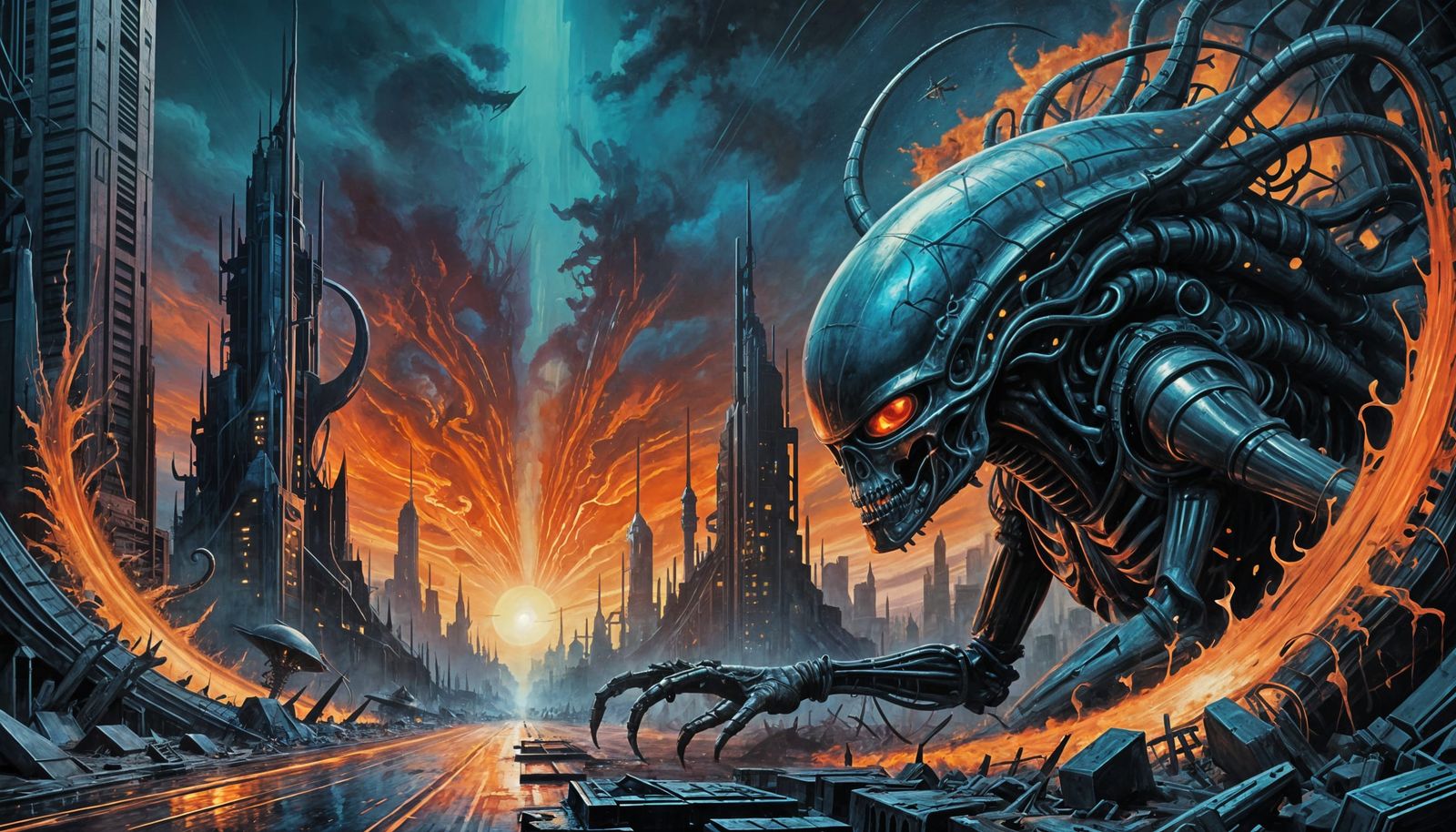 Surreal Alien Invasion at Dusk in Abstract Expressionist Sty...