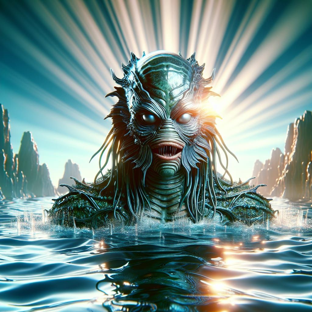 Hyperrealistic Creature Emerges from Black Lagoon Seascape