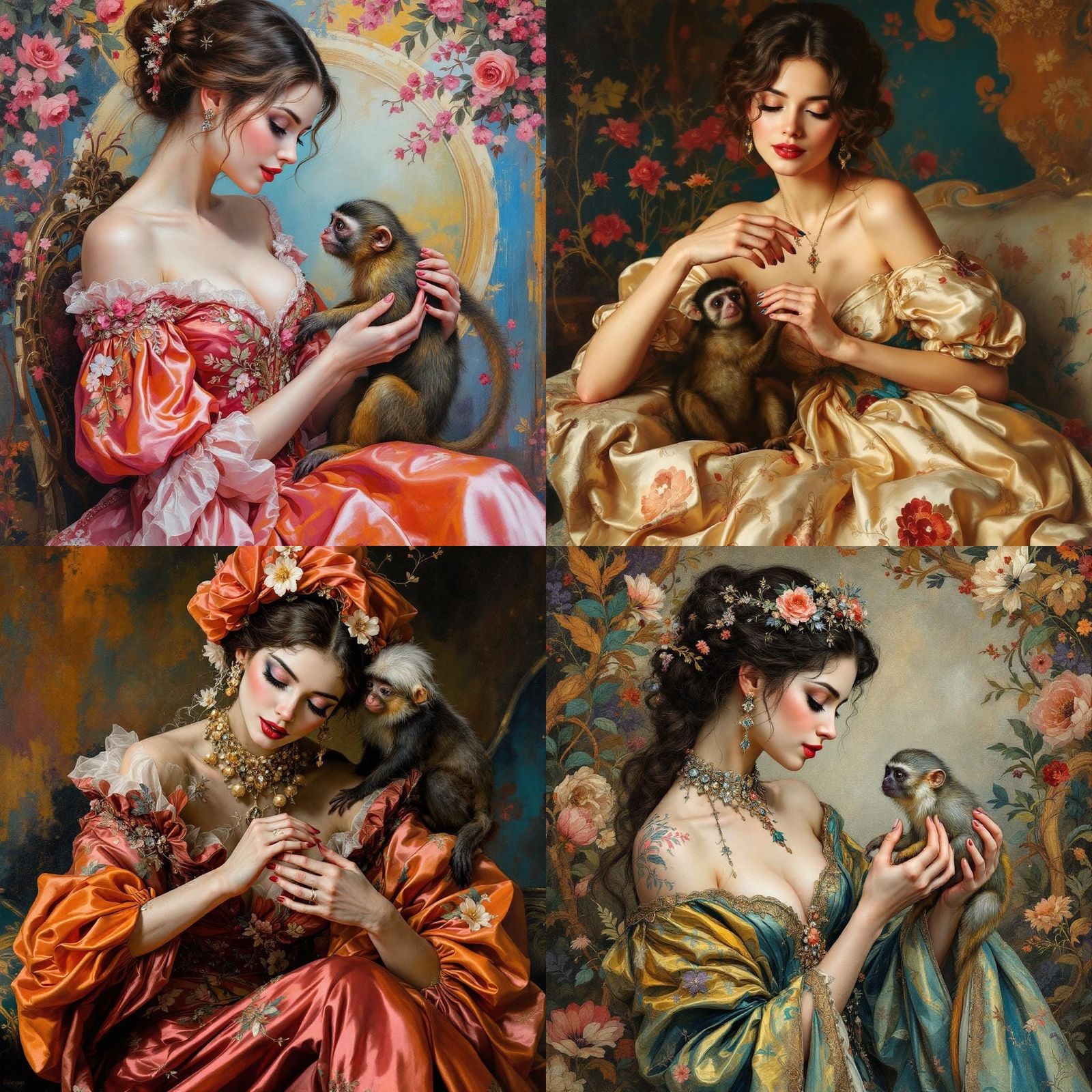 Lady in Silk Gown Feeding Marmoset, Acrylic Art