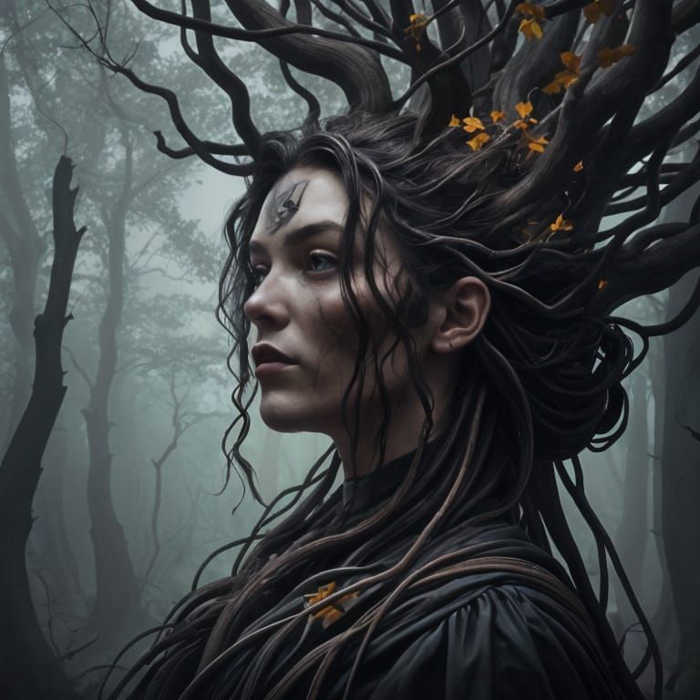 Woman Morphing Into Tree in Dark Forest