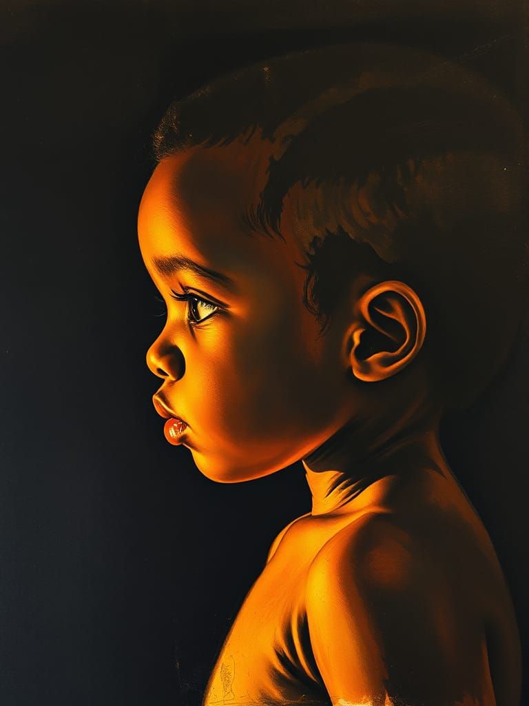 Luminous Profile Portrait of Child in Encaustic Watercolor