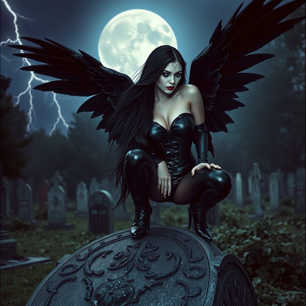 Goddess with Black Wings in Graveyard, Cinematic Style