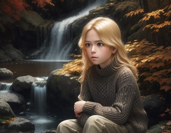 Surreal Autumn Waterfall with Boy in Art Nouveau Style